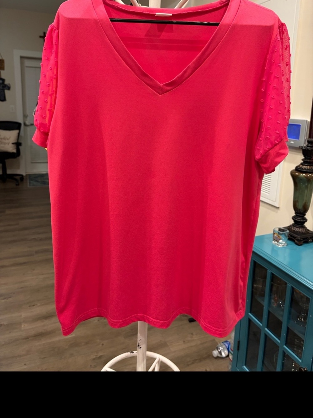 Women's V-Neck Short Subtle Dot Textured Sleeve Top in Hot Pink